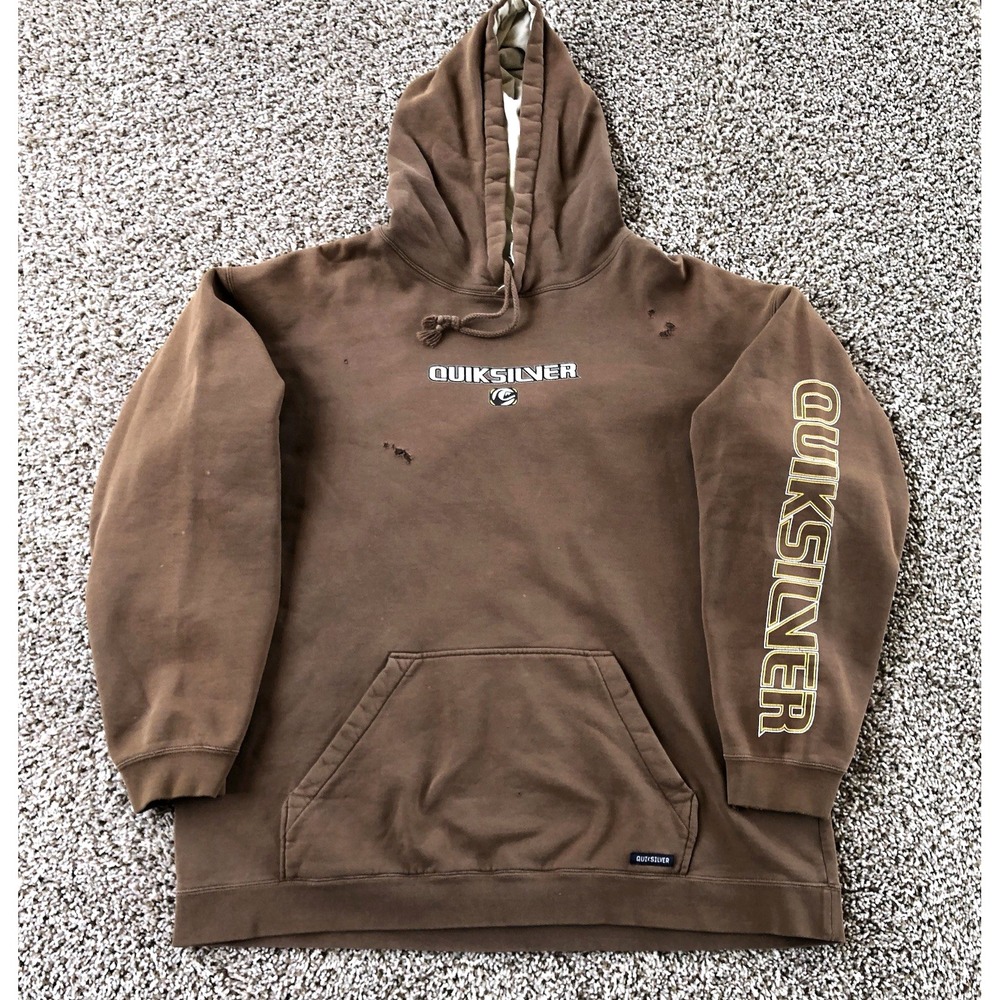 Quicksilver Hoodie Mens Size XL Brown Distressed Faded Grunge Skater Vintage Y2K
